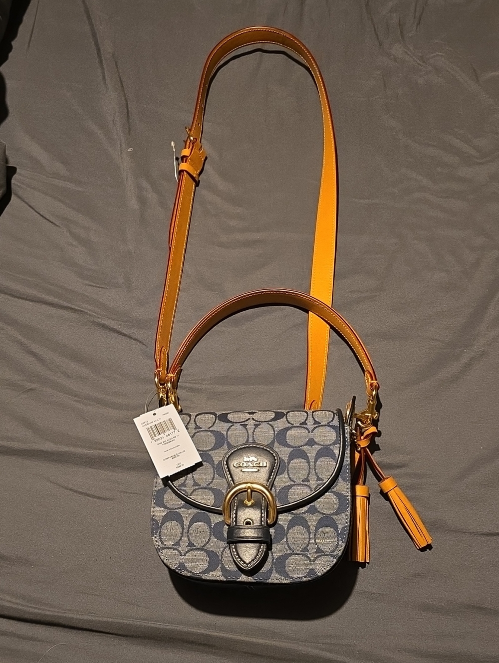 Coach Blue/Denim Signature Crossbody with Tan Leather Strap